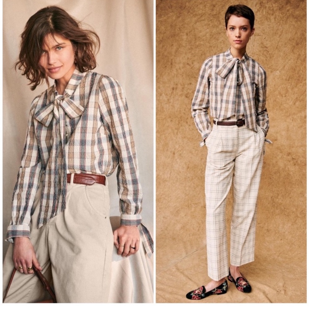 SEZANE Victorine Plaid Tie Neck Blouse 34 2